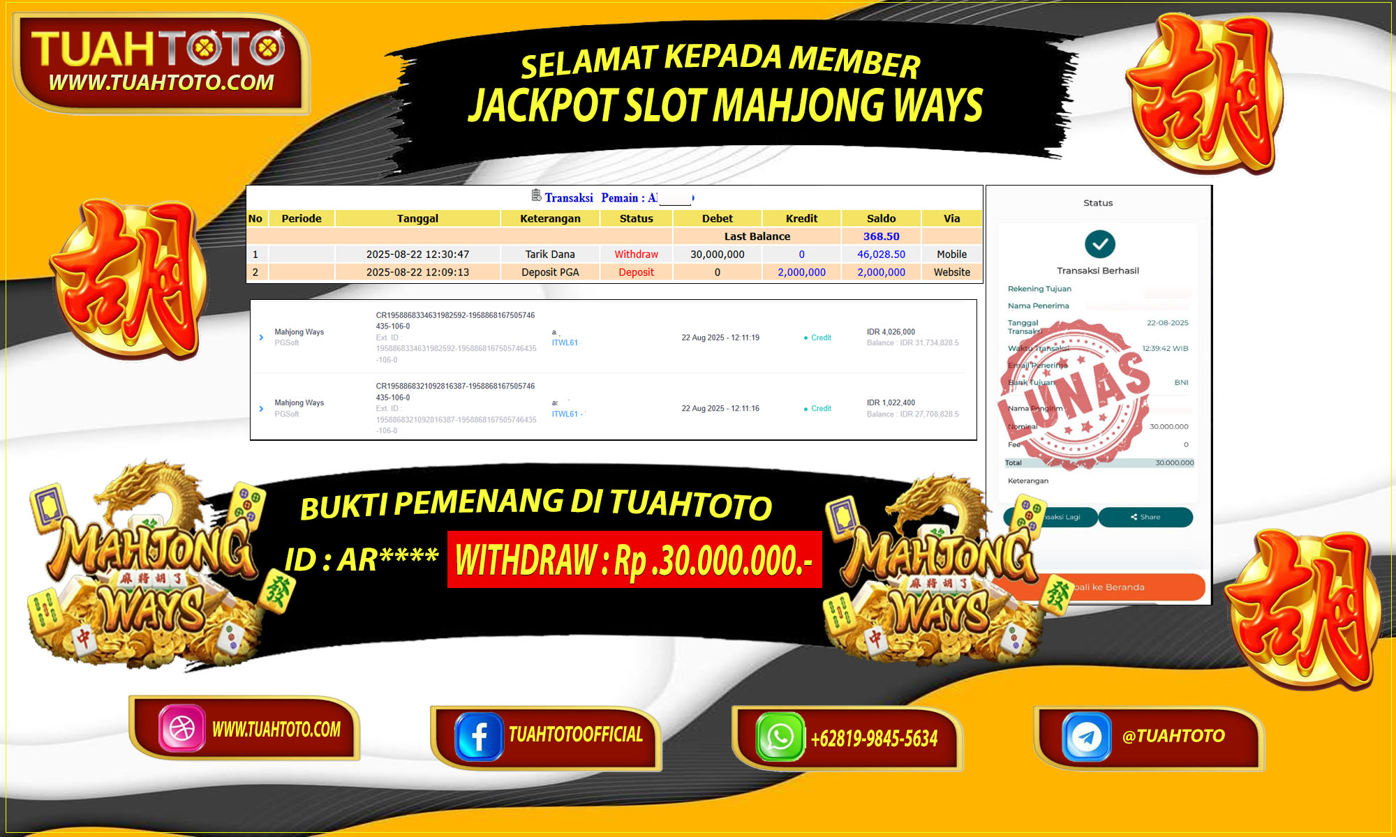 BUKTI JEPE KEMENANGAN MEMBER DI PERMAINAN GAME SLOT (PG SOFT MAHJONG WAYS) TOTAL WITHDRAW Rp. 30.000.000.- DI BAYAR LUNAS TUNTAS 100% TERPERCAYA